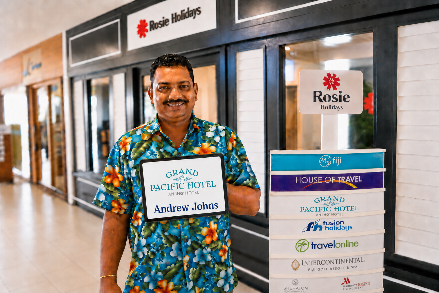 Rosie Holidays driver concierge with Grand Pacific Hotel welcome sign at Nadi Airport